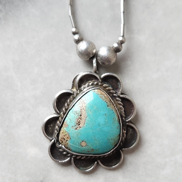 Navajo Other - NAVAJO OLD PAWN STERLING LIQUID SILVER TURQUOISE PENDANT NECKLACE